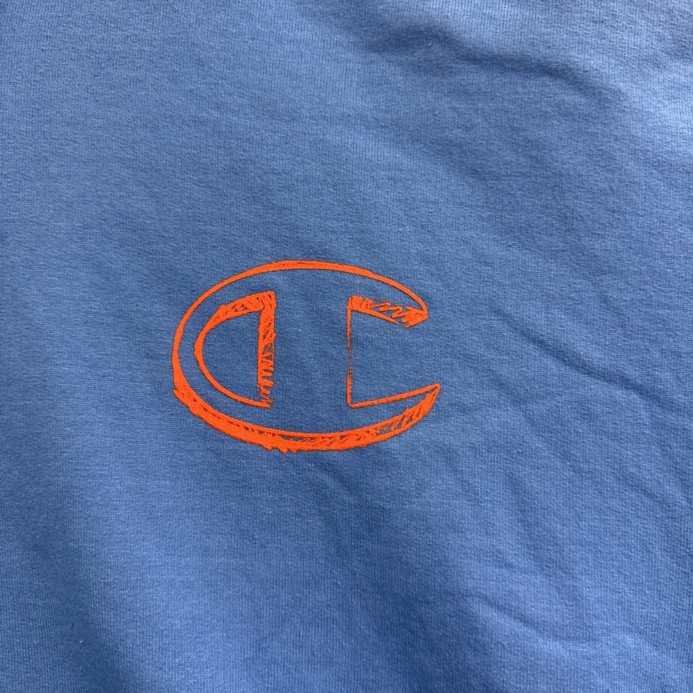 Champion Men's Blue Pullover Hoodie Size XL Graphic Print Logo Orange Highlights - Picture 9 of 12